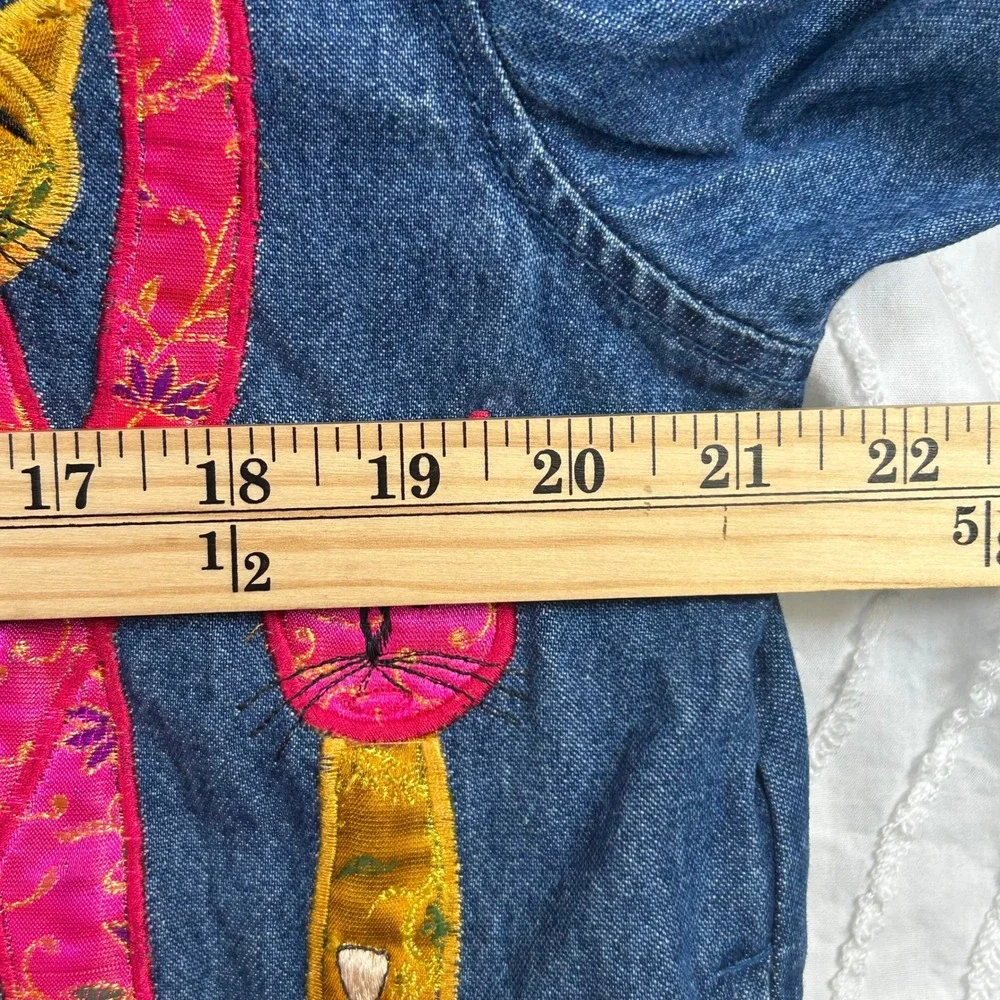 Vintage 90s Tantrums Petite Denim Jacket Women PL Embroidered Cat Art Whimsical